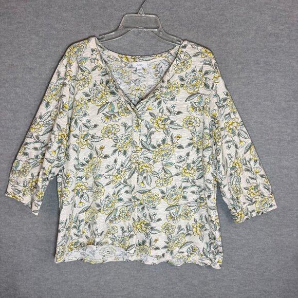 Pure J Jill XL Knit Popover Top Cotton Modal 3/4 Sleeve Ivory Yellow Floral - Picture 2 of 11